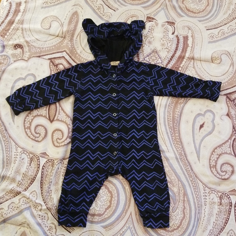 catpapa Blue Chevron Bear Romper with Hood & Ears